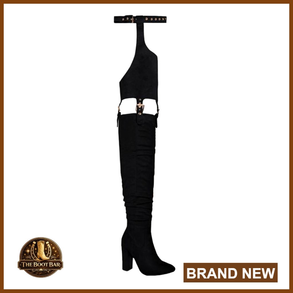 Women's Belted Pointed Toe Thigh High Boots With Buckle Strap Thick Heel